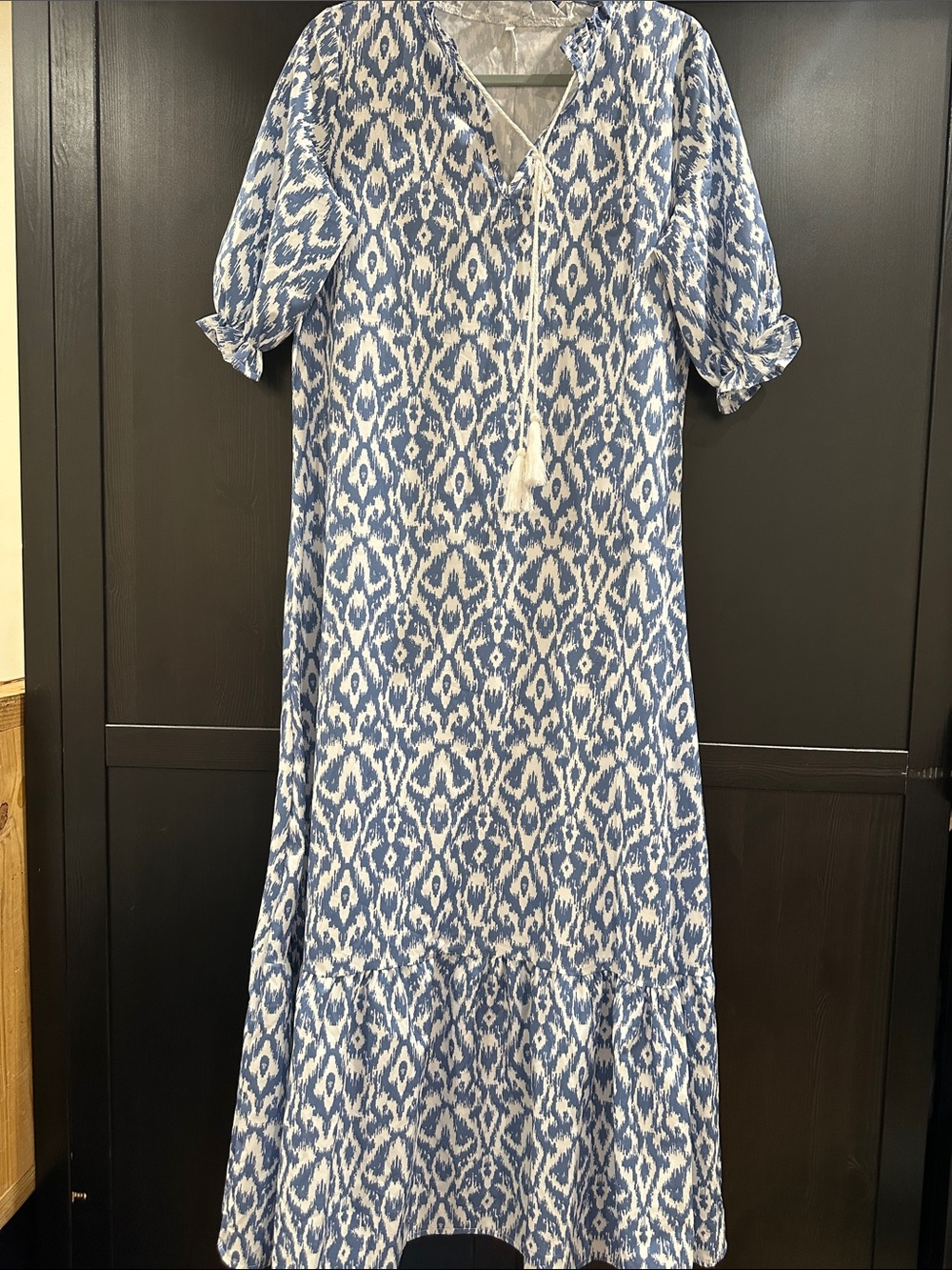 Blue and White Ikat Maxi Dress with Tie Detail